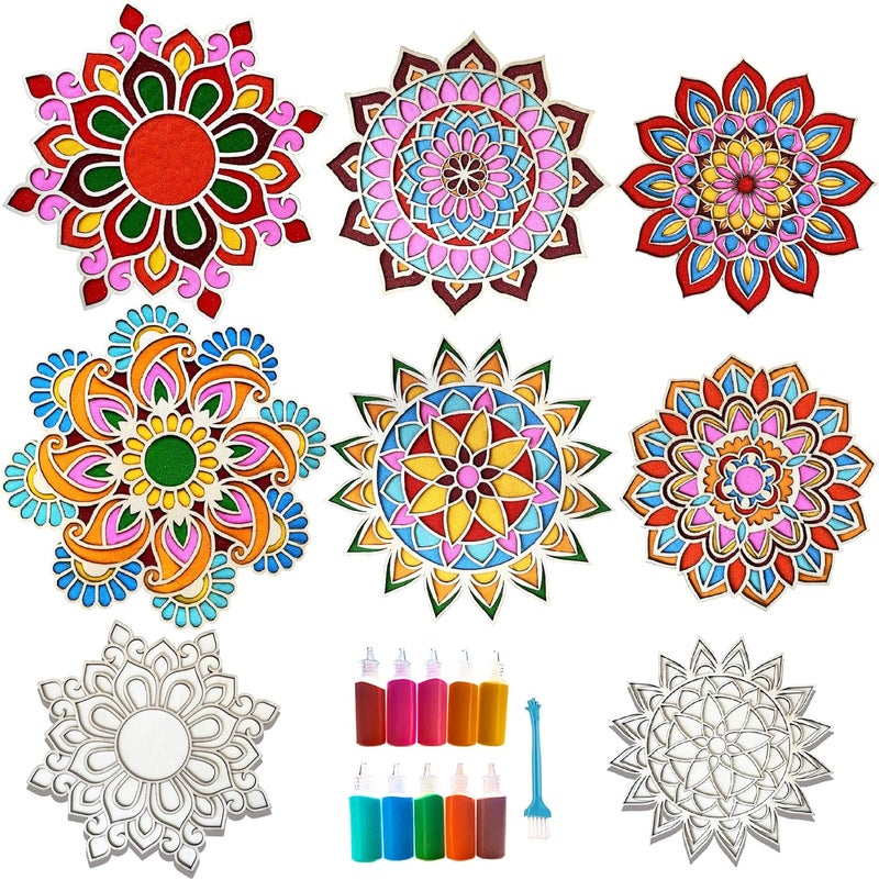 MLOLM Wooden Rangoli Sand Art Kit - 6-Piece Reusable DIY Mandala Puzzle Mats with Rangoli Color& Brush for Diwali, Home Festival and Party Decoration (3 Sizes) - Image 1